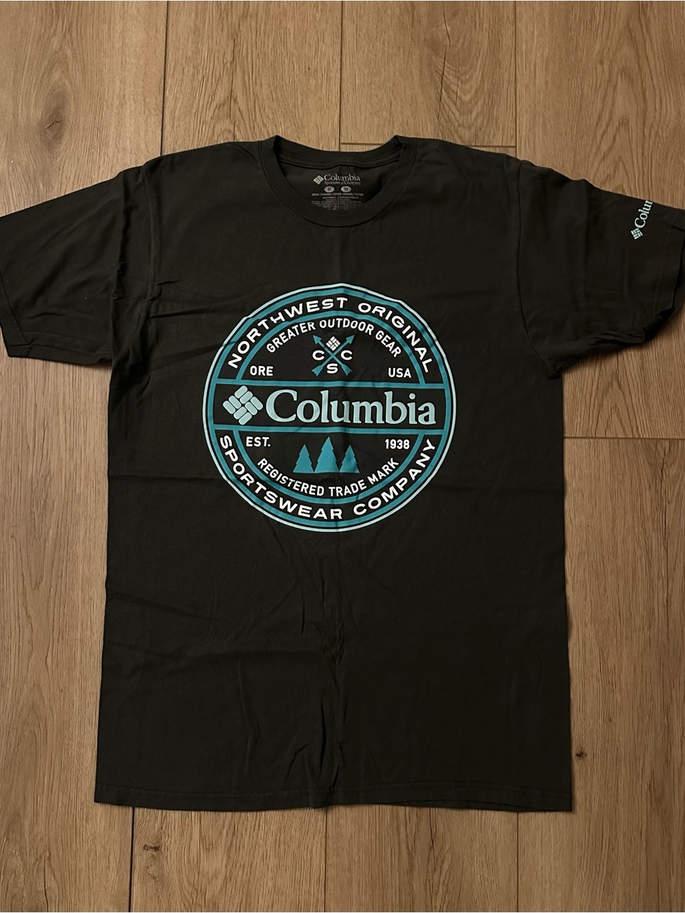 Columbia Black T-Shirt with Teal Circle Logo